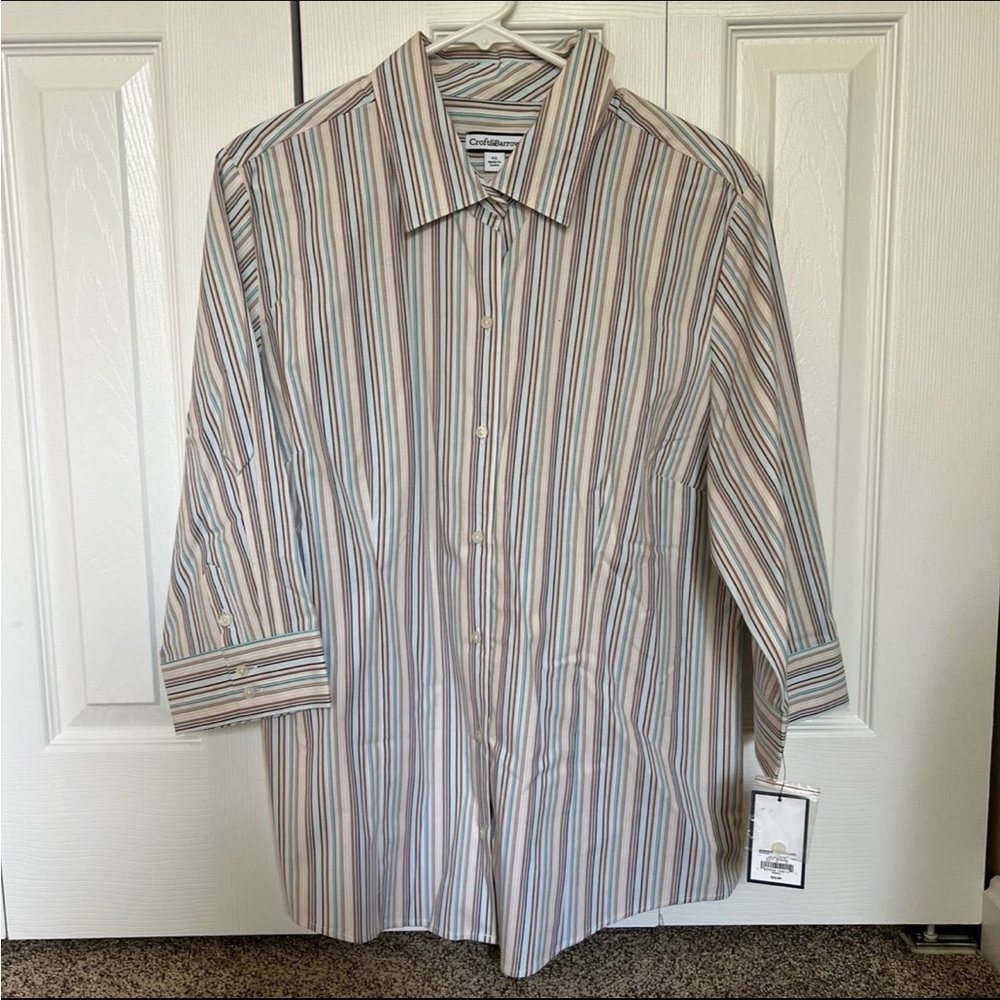 NWT Croft & Barrow Women’s Striped Button-Down Shirt - Blue, Brown, White, XL